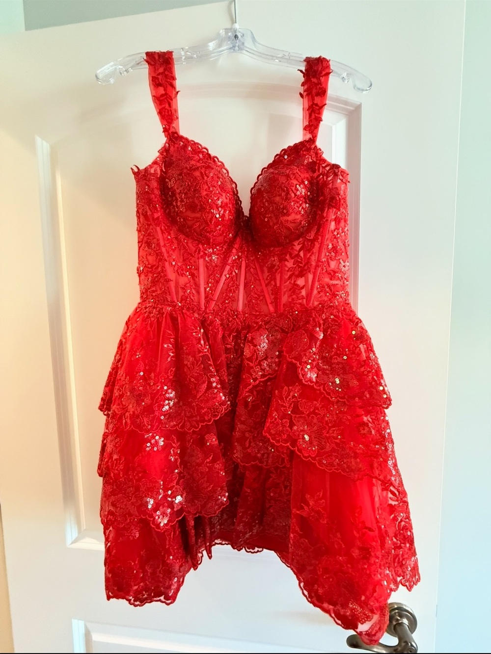 Sherri Hill Red Lace & Sequin Mini Dress with Corset Bodice
